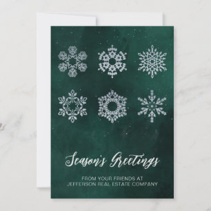 Modern Green Silver Snowflakes Business Holiday Card