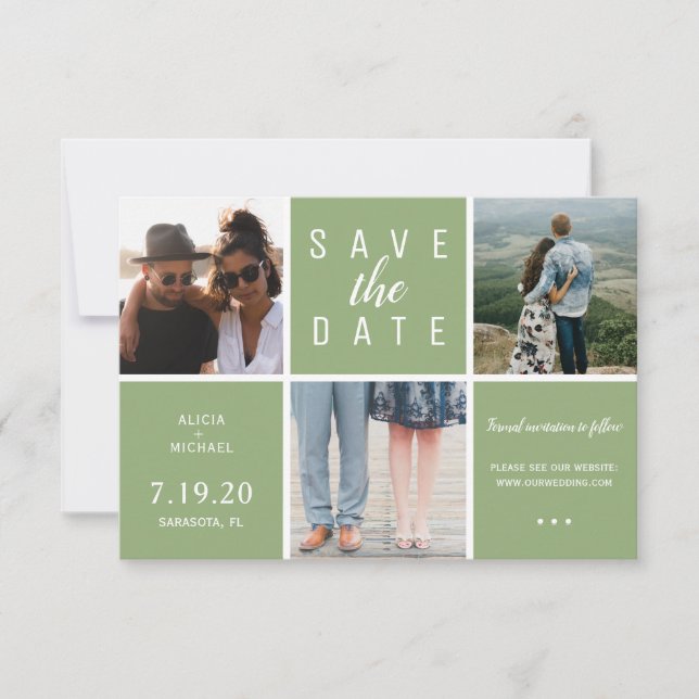 Modern green simple 3 photo collage wedding save the date (Front)