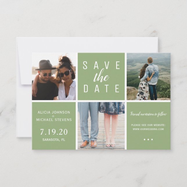 Modern green simple 3 photo collage wedding save the date (Front)
