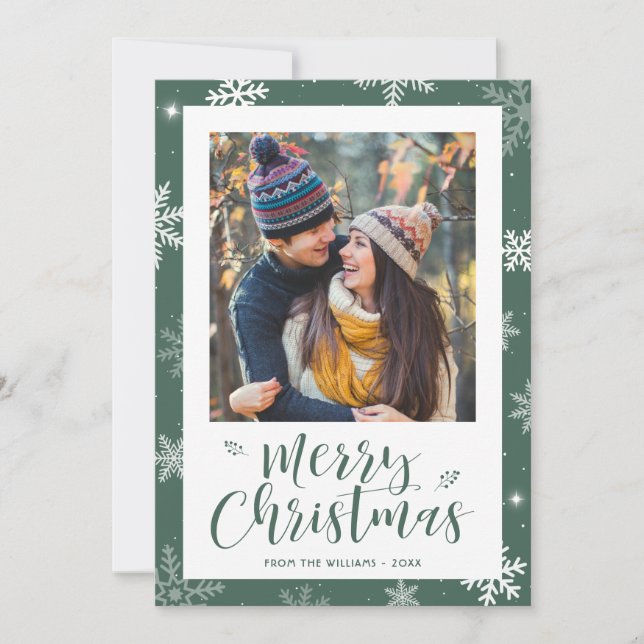 Modern Green Snowflake Photo Christmas Card (Front)