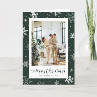 Modern Green Snowflake Photo Merry Christmas Holiday Card