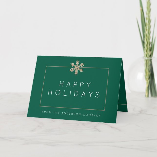 Modern Green Snowflake Rustic Wood Corporate Holiday Card (Front)