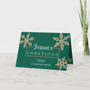 Modern Green Snowflake Vintage Wood Corporate Holiday Card