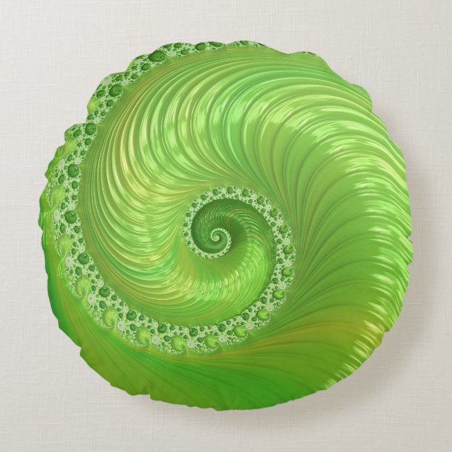 Modern Green Spiral Fractal Round Pillow (Front)