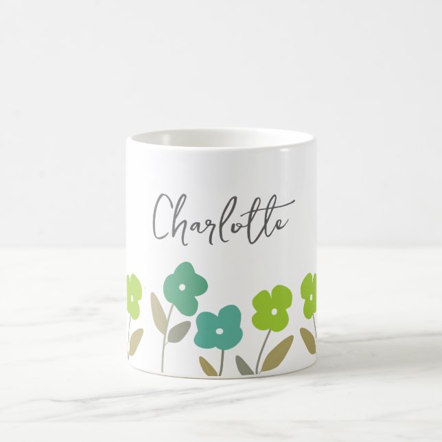 Modern Green  Spring Floral Blooms Custom Name    Coffee Mug (Center)