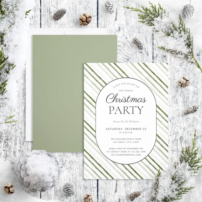 Modern Green Stripe Script Christmas Party Invitation (Creator Uploaded)