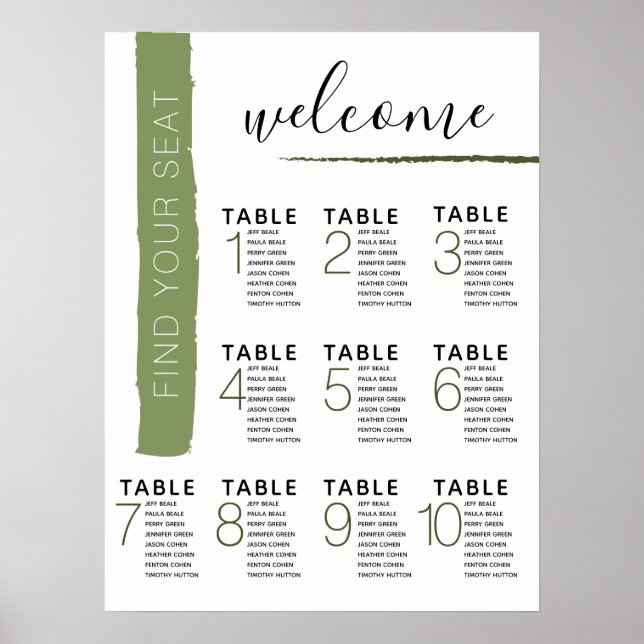 Modern Green Stripe Seating Chart Wedding Poster (Front)