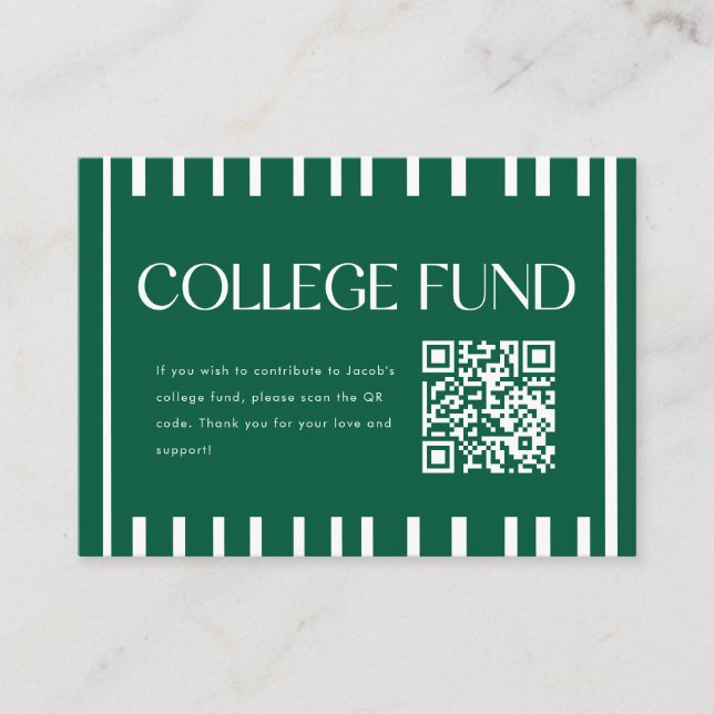 Modern Green Striped College Fund QR Code Enclosure Card (Front)