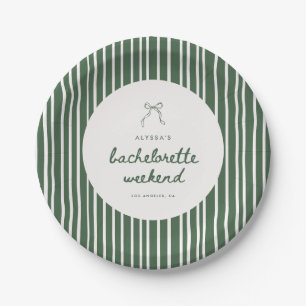 Modern Green Striped Coquette Bachelorette Weekend Paper Plate