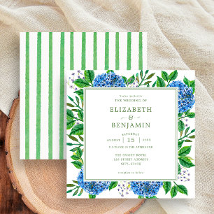 Modern Green Stripes Blue Hydrangeas Wedding Invitation