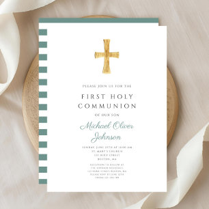 Modern Green Stripes Cross Boy First Communion Invitation