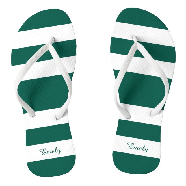 Modern Green Stripes Name Flip Flops (Footbed)