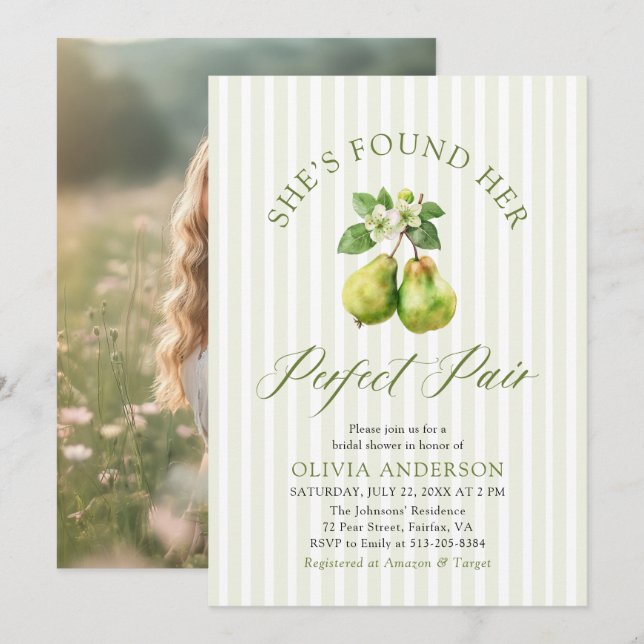 Modern Green Stripes Perfect Pair Bridal Shower Invitation (Front/Back)