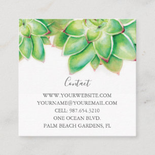 Modern Green Succulent Greenery Watercolor Square Business Card