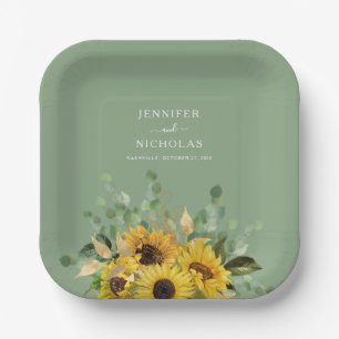 Modern Green Sunflower Wedding   Paper Plate