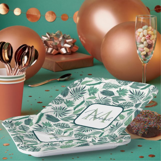 Modern Green Teal Tropical Leaves Design Paper Plate (Multi)