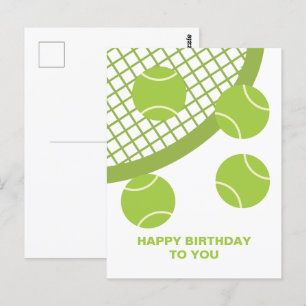 Modern Green Tennis Ball Racket Happy Birthday Postcard