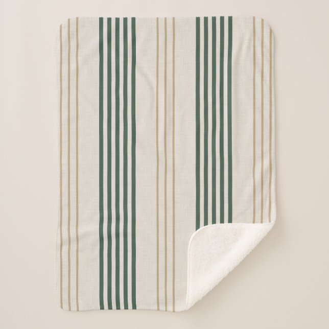 Modern Green Ticking Stripe Linen Texture Sherpa Blanket (Front)