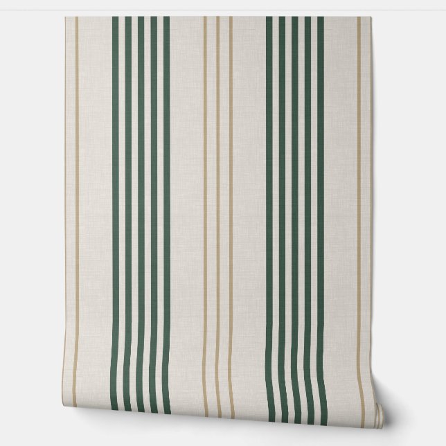 Modern Green Ticking Stripe Linen Texture Wallpaper (Unrolling)