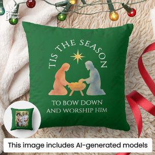 Modern Green TIS THE SEASON Family Photo Christmas Throw Pillow