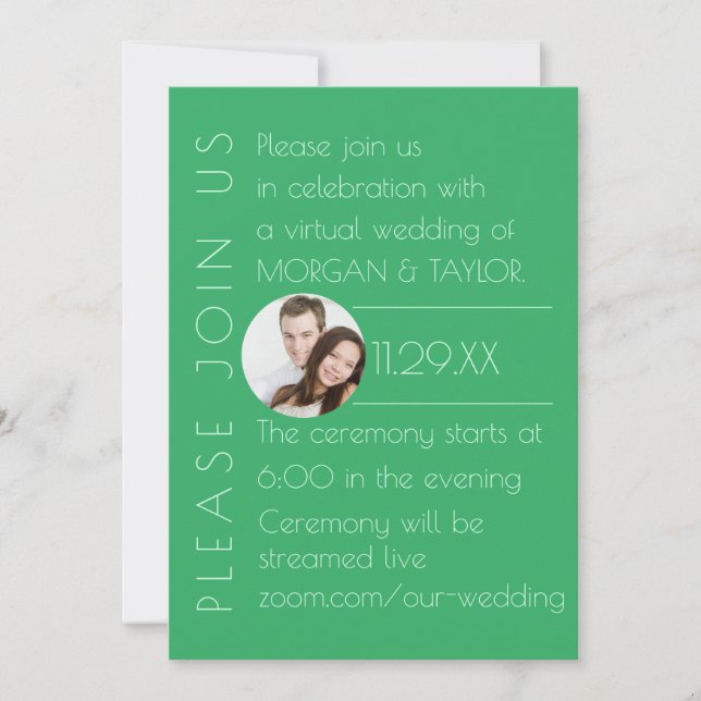 Modern Green Tonal Virtual Wedding, photo Invitation (Front)