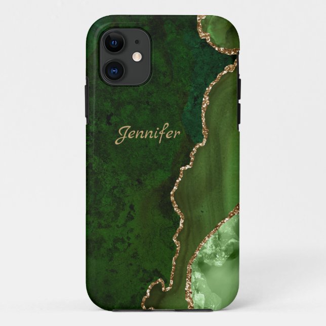 Modern Green Tones Gold Agate Crystal Personalize Case-Mate iPhone Case (Back)