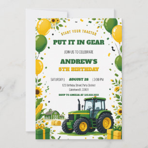 Modern Green Tractor Farm Boy Birthday Invitation