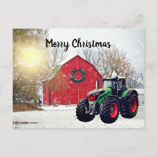 Modern Green Tractor in Barnyard Christmas Postcard