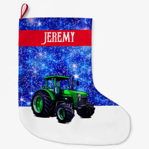 Modern Green Tractor on Blue Large Christmas Stocking