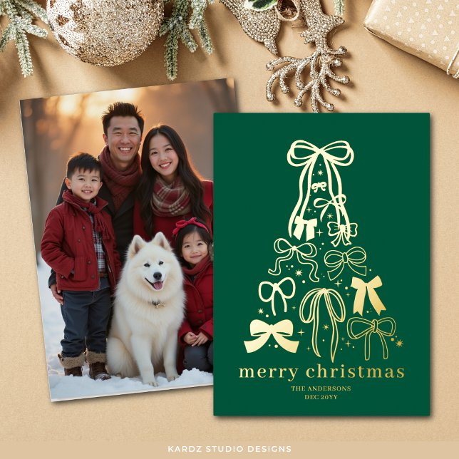 Modern Green Tree Christmas Photo Gold Foil Card (Flat Christmas Card shown in 5 x 7 inches. Personalize and choose paper and corner style.)