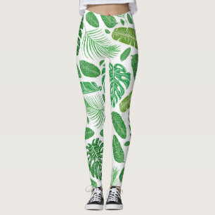 Modern Green Tropical Leafs Pattern Leggings