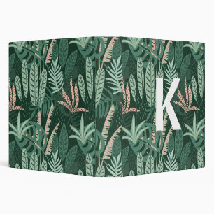 Modern Green Tropical Leaves Pattern Monogram Binder