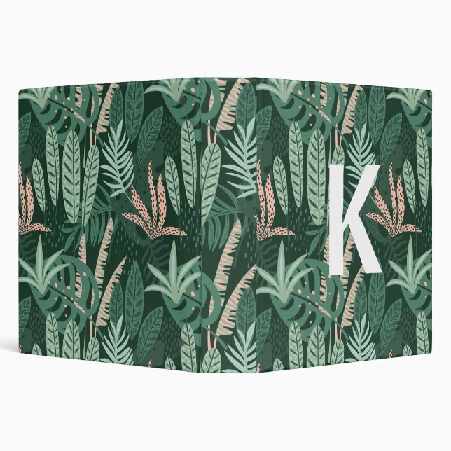 Modern Green Tropical Leaves Pattern Monogram   Binder (Background)