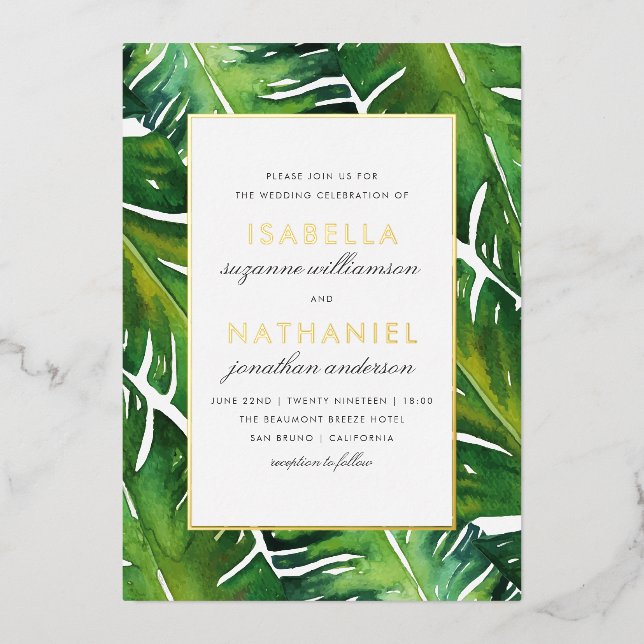 Modern Green Tropical Leaves Wedding (Front)