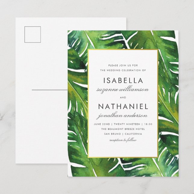 Modern Green Tropical Leaves Wedding Invitation Postcard (Front/Back)