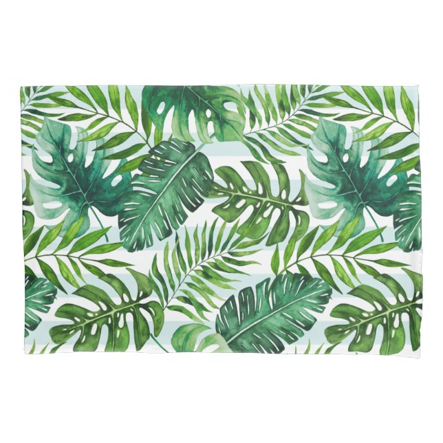 Modern Green Tropical Watercolor Leaves Pillowcase (Front-Left)