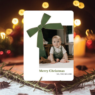Modern Green Velvet Bow Photo Christmas Card