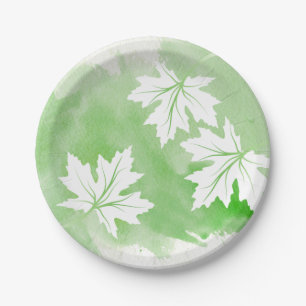 Modern green watercolor and maple leaves paper plate