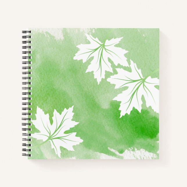 Modern green watercolor and white maple leaves notebook (Front)