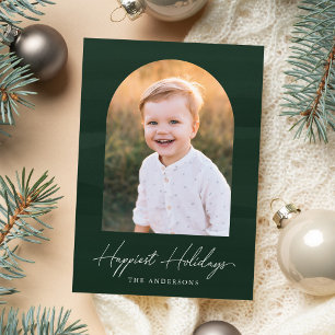 Modern Green Watercolor Arch Photo Holiday Card