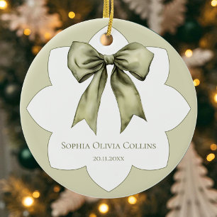 Modern Green Watercolor Bow Personalized Baby Name Ceramic Ornament
