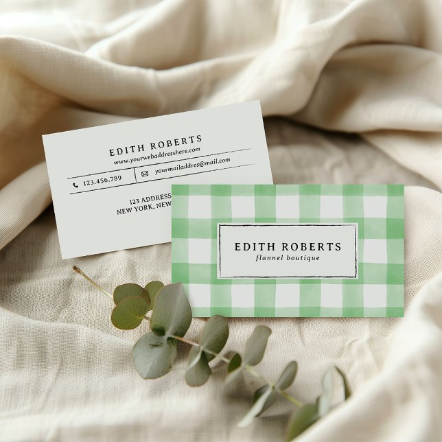 Modern Green Watercolor Buffalo Plaid Rustic Chic Business Card (Creator Uploaded)