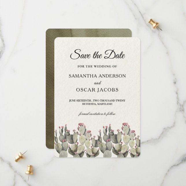 Modern Green Watercolor Cactus  Save The Date (Front/Back In Situ)