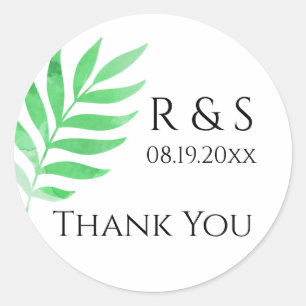 Modern Green Watercolor Leaf Thank You Classic Round Sticker