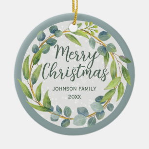 Modern Green Watercolor Leaves Holiday Photo Ceramic Ornament
