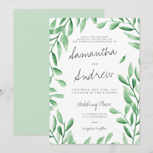 Modern green watercolor olive branches wedding invitation (Front/Back)