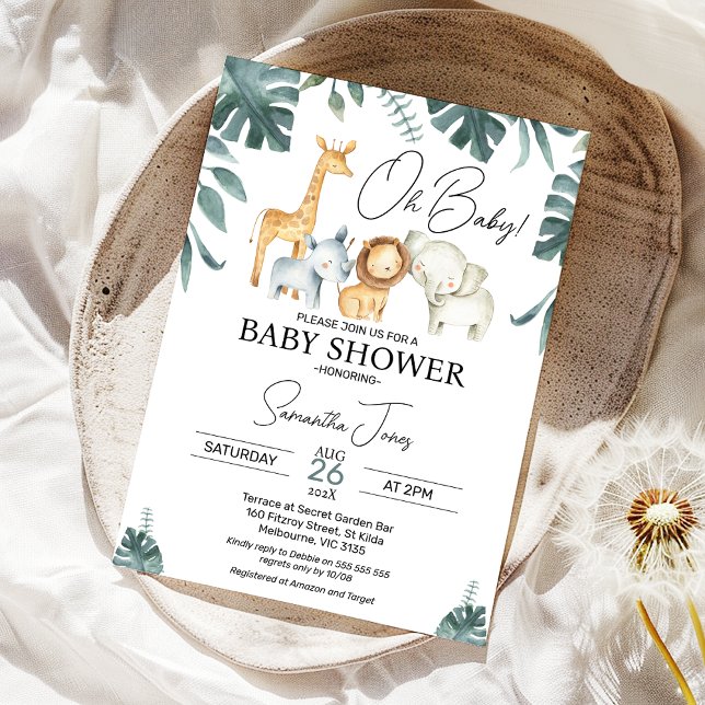 Modern Green Watercolor Safari Baby Shower  Invitation (Safari Baby Shower Invitation, Wild Animals Greenery Template, Jungle Animals Greenery Invite )