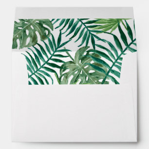 Modern green watercolor tropical leaves wedding envelope