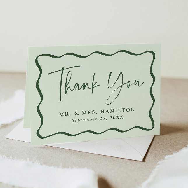 Modern Green Wavy Frame Photo Wedding Thank You Card (Creator Uploaded)