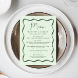 Modern Green Wavy Frame Wedding Menu<br><div class="desc">Add a vintage touch to your engagement party, rehearsal dinner, or wedding reception with this Modern Green Wavy Frame wedding menu. The design displays the couple's names, wedding date, and menu options in bold green lettering surrounded by a green wavy frame border against a light green background. The retro wedding...</div>